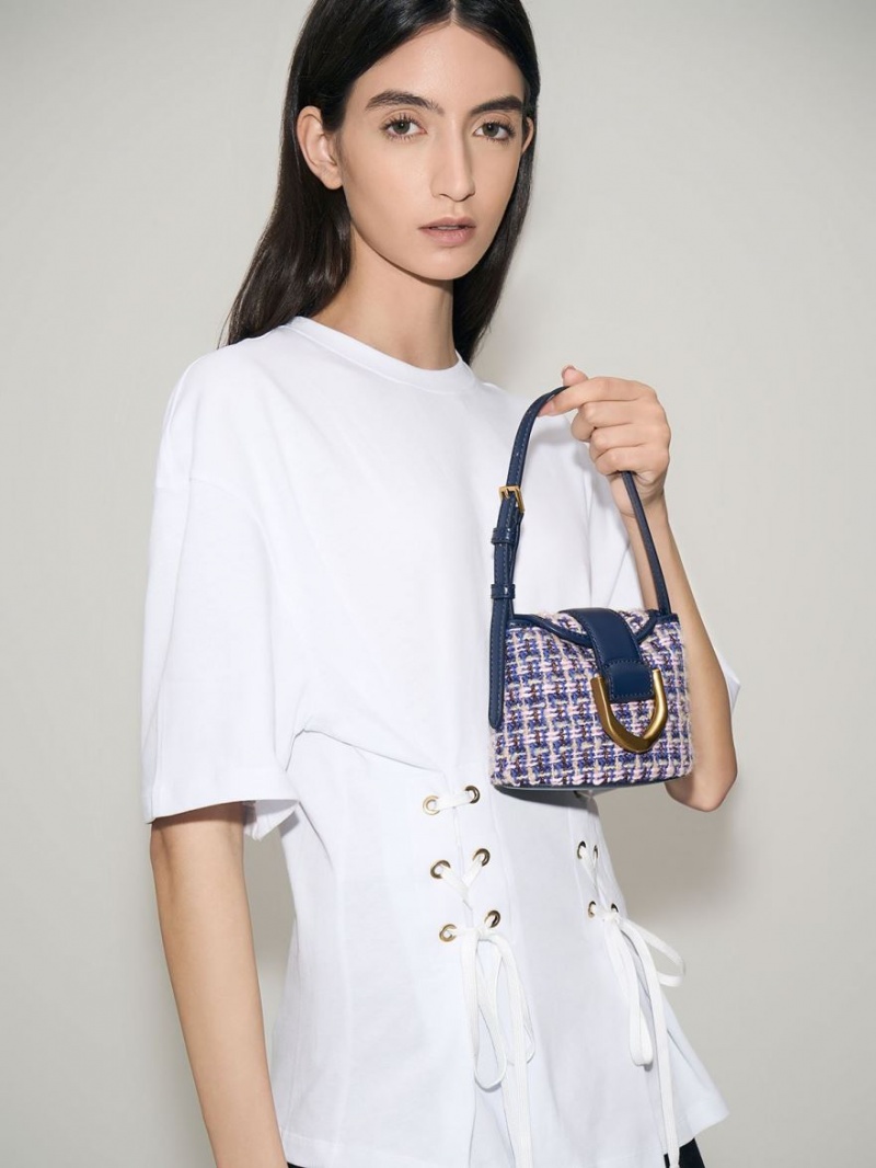 Charles And Keith Gabine Tweed Bucket Bags Navy | PHILIPPINES Y247