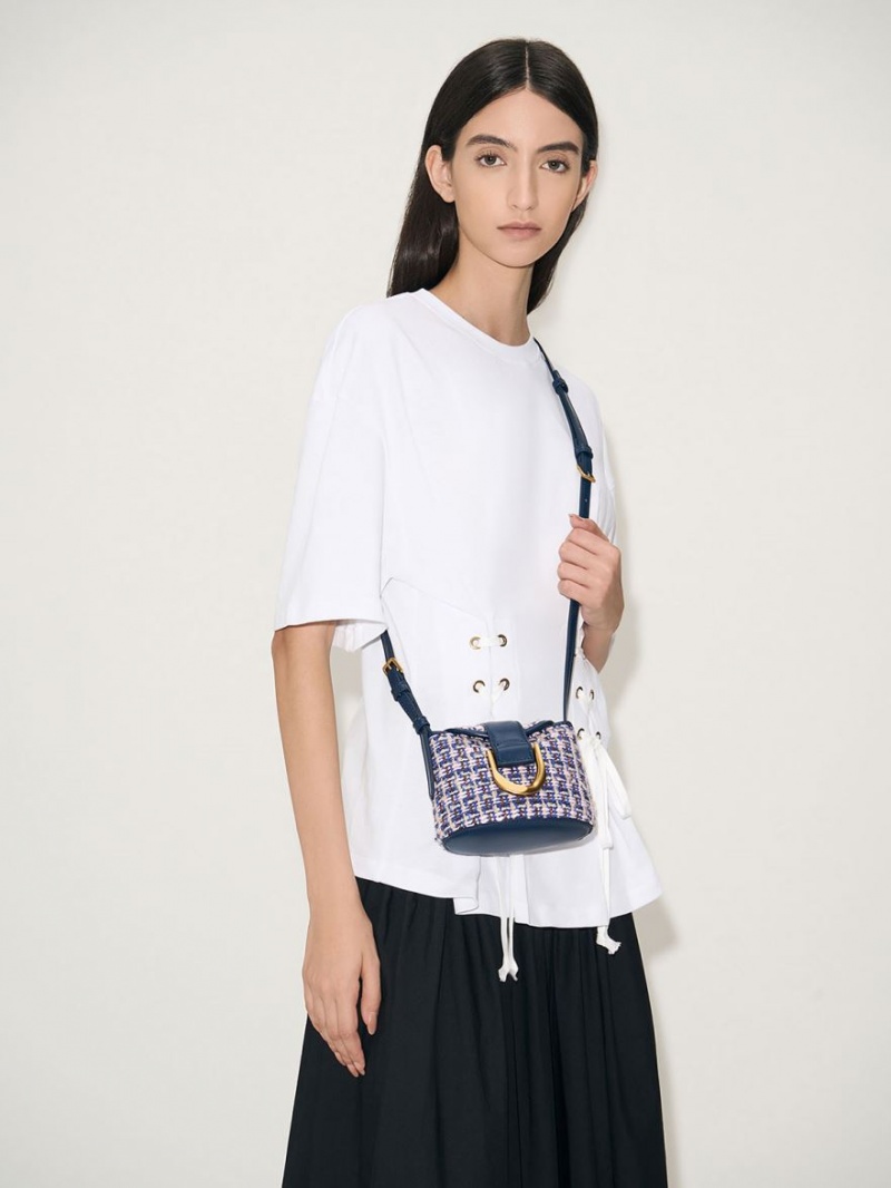 Charles And Keith Gabine Tweed Bucket Bags Navy | PHILIPPINES Y247