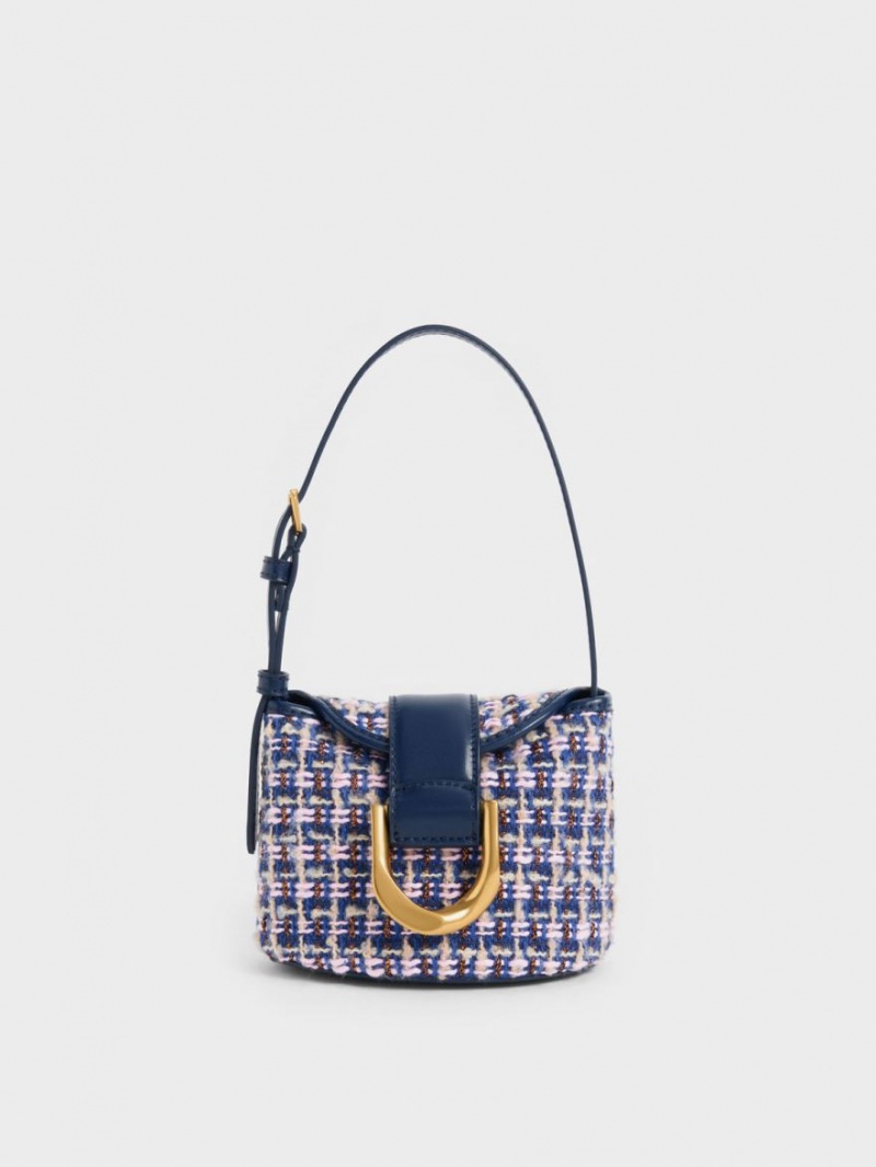 Charles And Keith Gabine Tweed Bucket Bags Navy | PHILIPPINES Y247