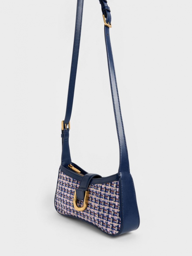 Charles And Keith Gabine Tweed Curved Shoulder Bags Navy | PHILIPPINES N412