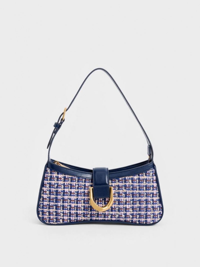 Charles And Keith Gabine Tweed Curved Shoulder Bags Navy | PHILIPPINES N412