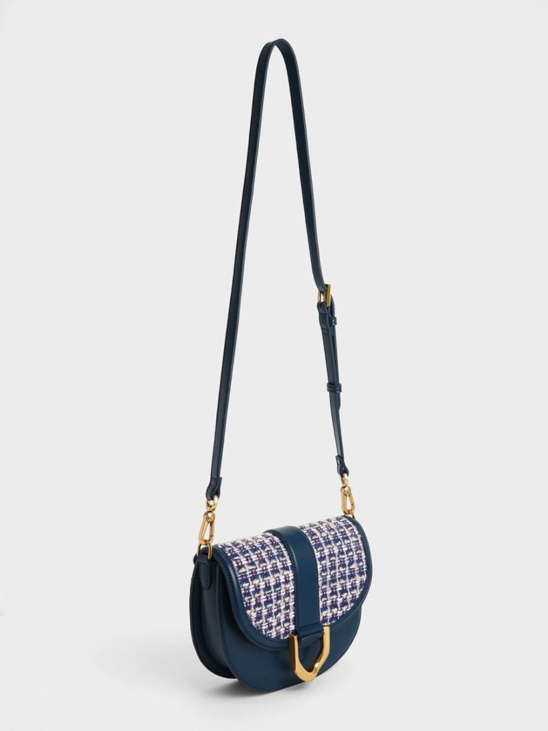 Charles And Keith Gabine Tweed Saddle Bags Navy | PHILIPPINES M367