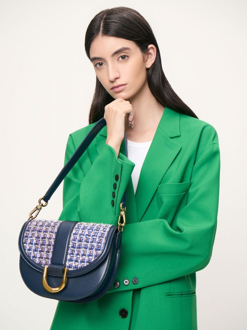 Charles And Keith Gabine Tweed Saddle Bags Navy | PHILIPPINES M367