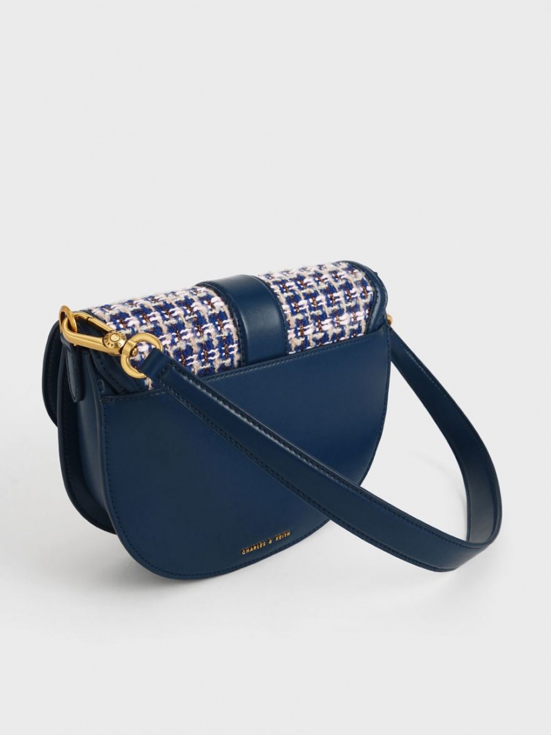 Charles And Keith Gabine Tweed Saddle Bags Navy | PHILIPPINES M367