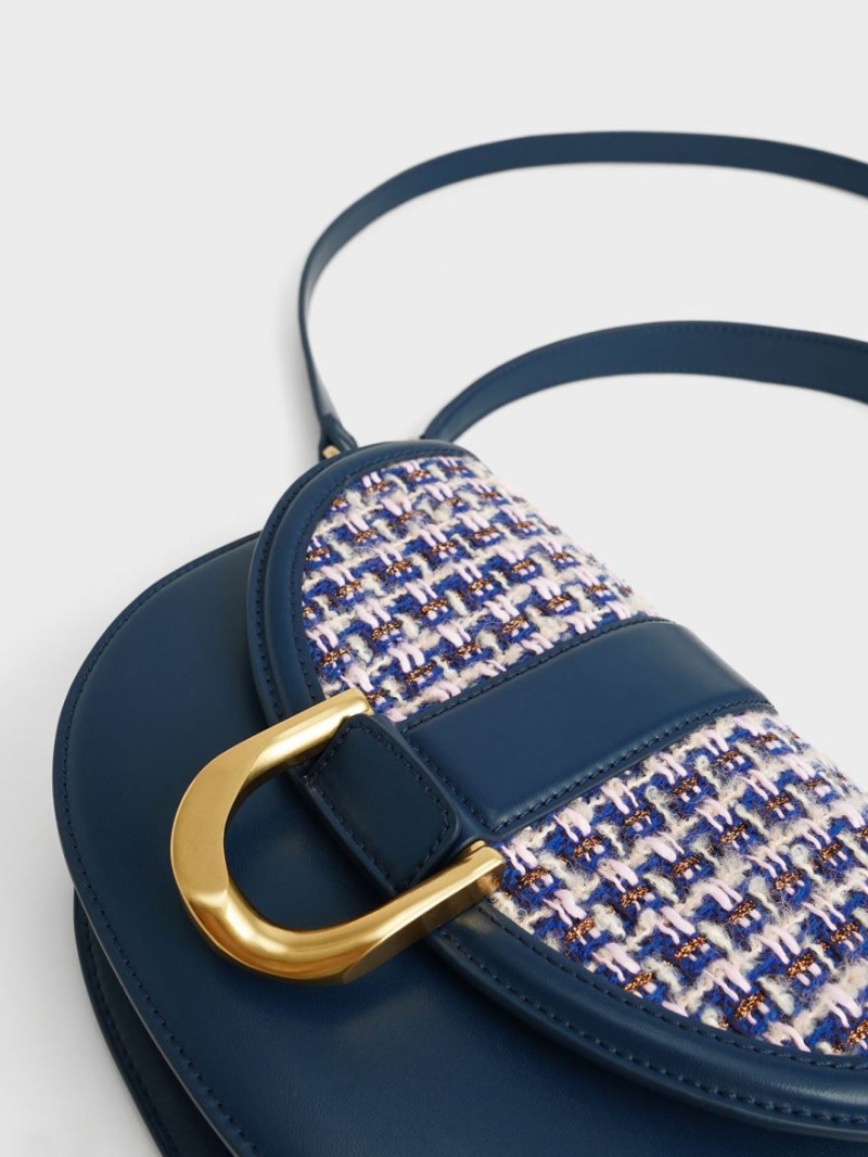 Charles And Keith Gabine Tweed Saddle Bags Navy | PHILIPPINES M367