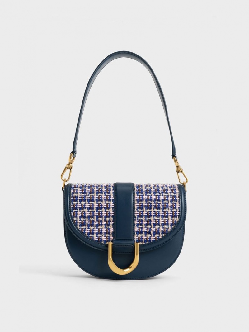 Charles And Keith Gabine Tweed Saddle Bags Navy | PHILIPPINES M367