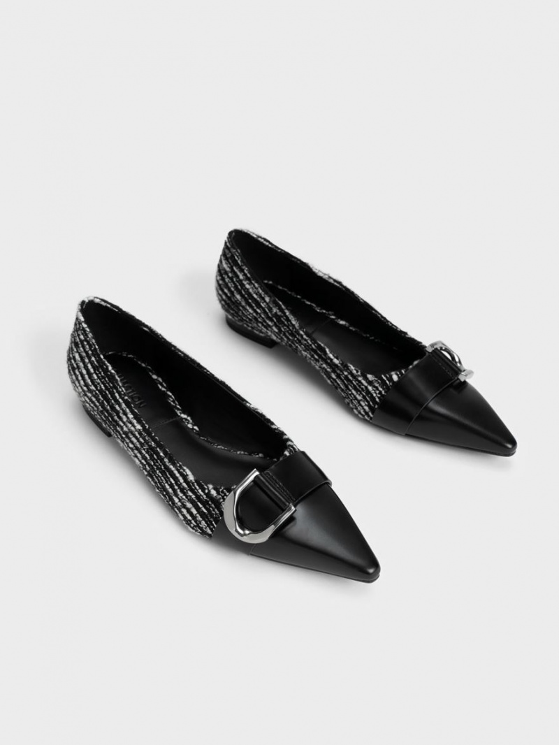 Charles And Keith Gabine Tweed & Leather Toe-Cap Ballet Flats Black | PHILIPPINES L398