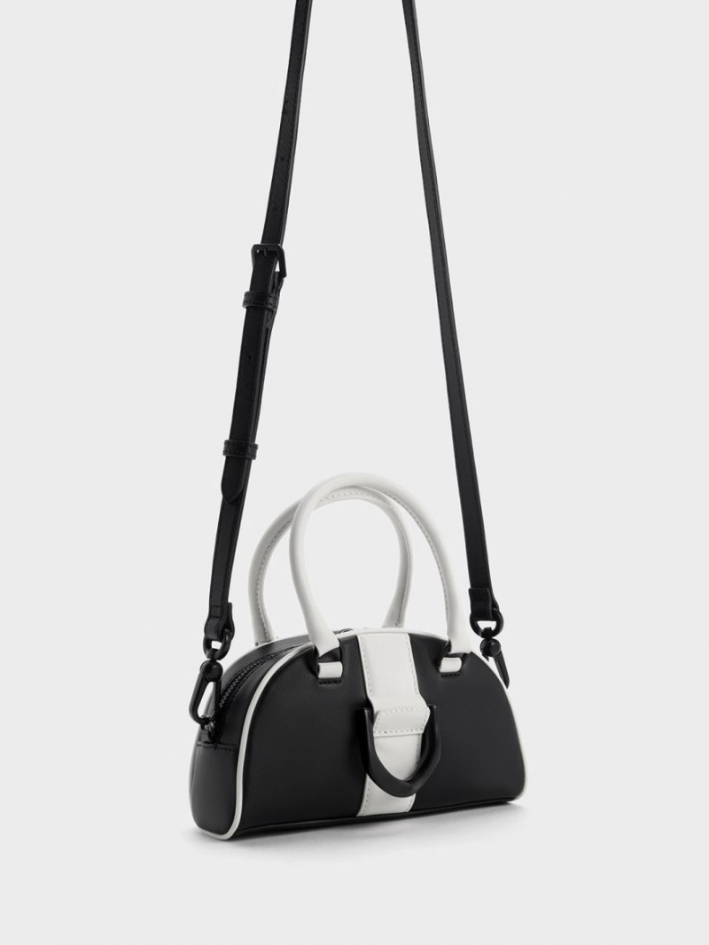 Charles And Keith Gabine Two-Tone Leather Bowling Tote Bags Black | PHILIPPINES C801