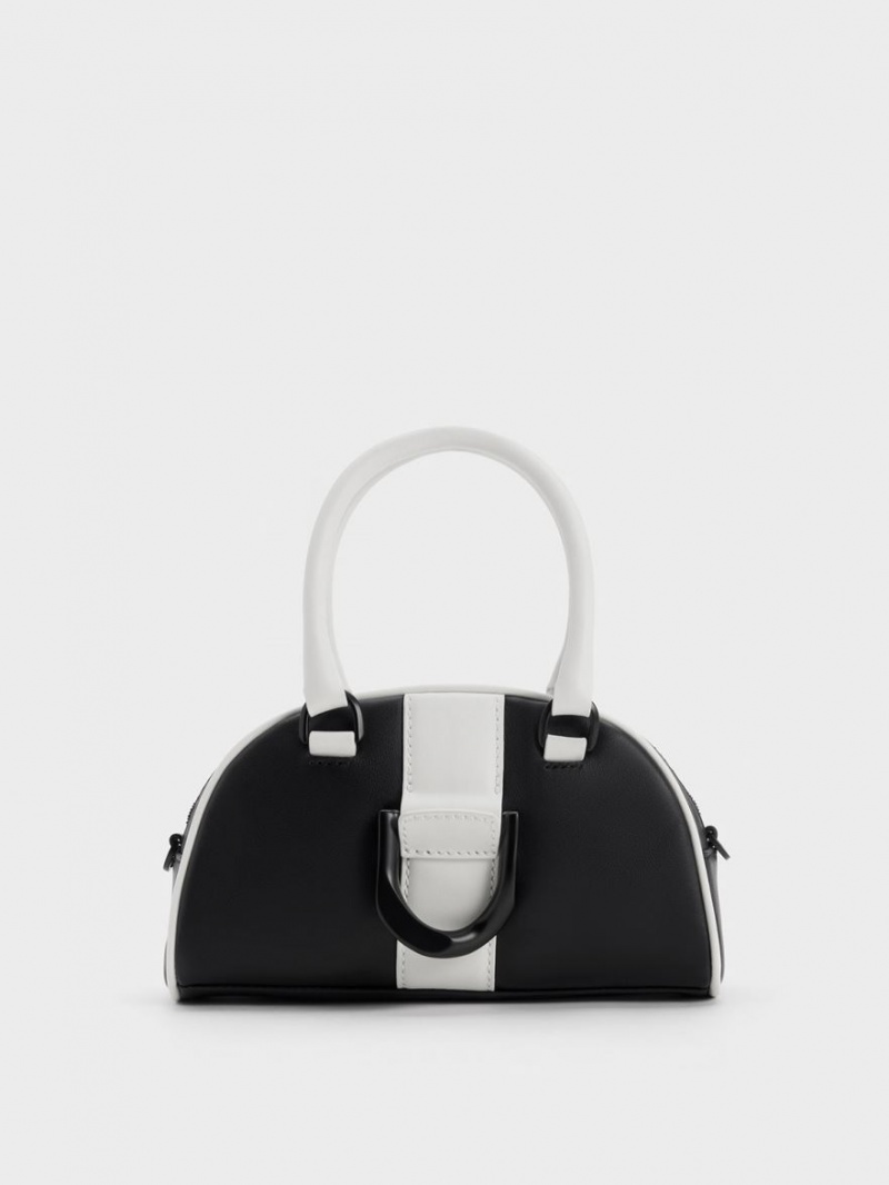 Charles And Keith Gabine Two-Tone Leather Bowling Tote Bags Black | PHILIPPINES C801