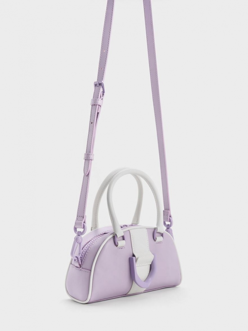 Charles And Keith Gabine Two-Tone Leather Bowling Tote Bags Purple | PHILIPPINES N682