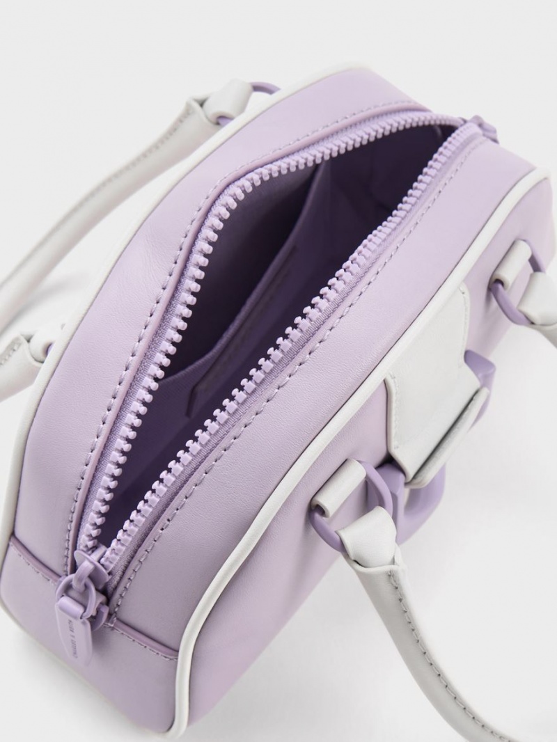 Charles And Keith Gabine Two-Tone Leather Bowling Tote Bags Purple | PHILIPPINES N682