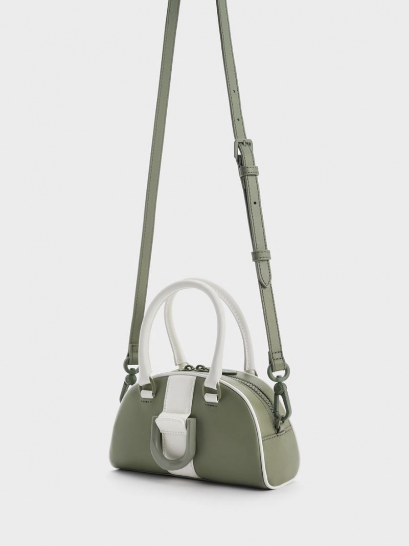 Charles And Keith Gabine Two-Tone Leather Bowling Tote Bags Olive | PHILIPPINES E498