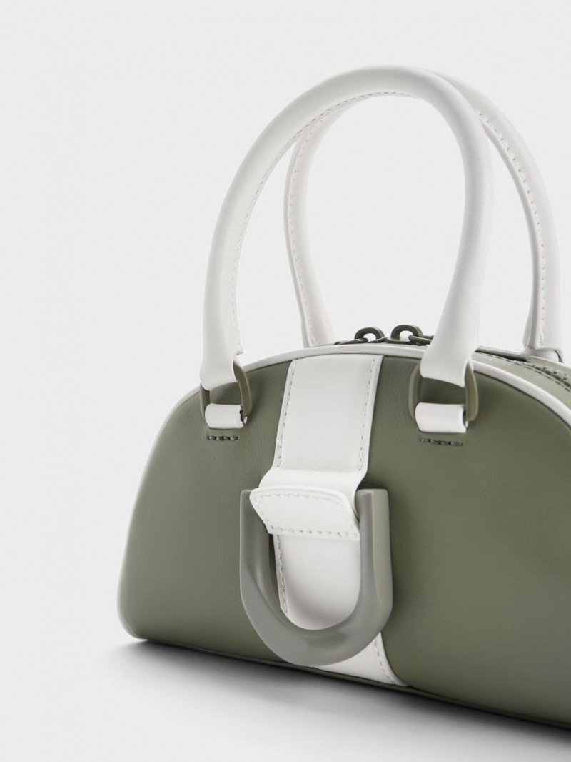 Charles And Keith Gabine Two-Tone Leather Bowling Tote Bags Olive | PHILIPPINES E498