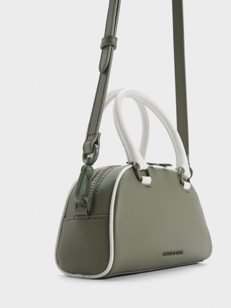 Charles And Keith Gabine Two-Tone Leather Bowling Tote Bags Olive | PHILIPPINES E498