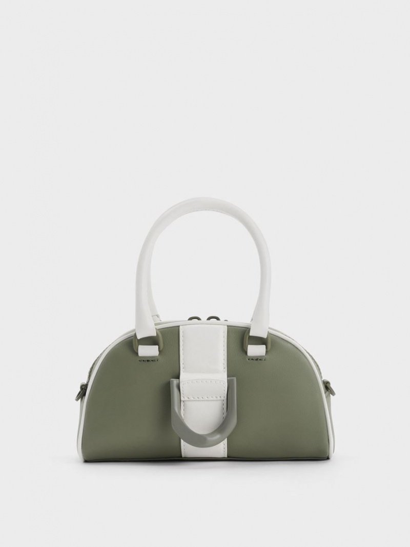 Charles And Keith Gabine Two-Tone Leather Bowling Tote Bags Olive | PHILIPPINES E498