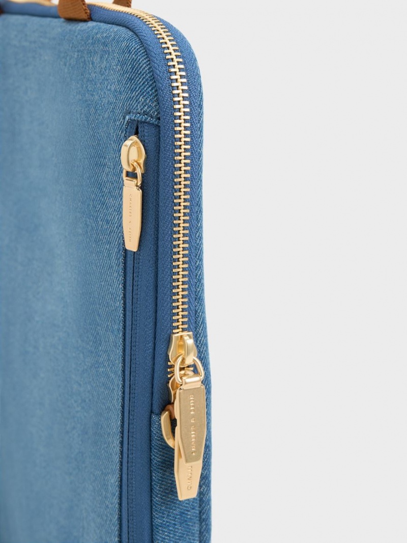 Charles And Keith Gaia Denim Laptop Shoulder Bags Blue | PHILIPPINES M462