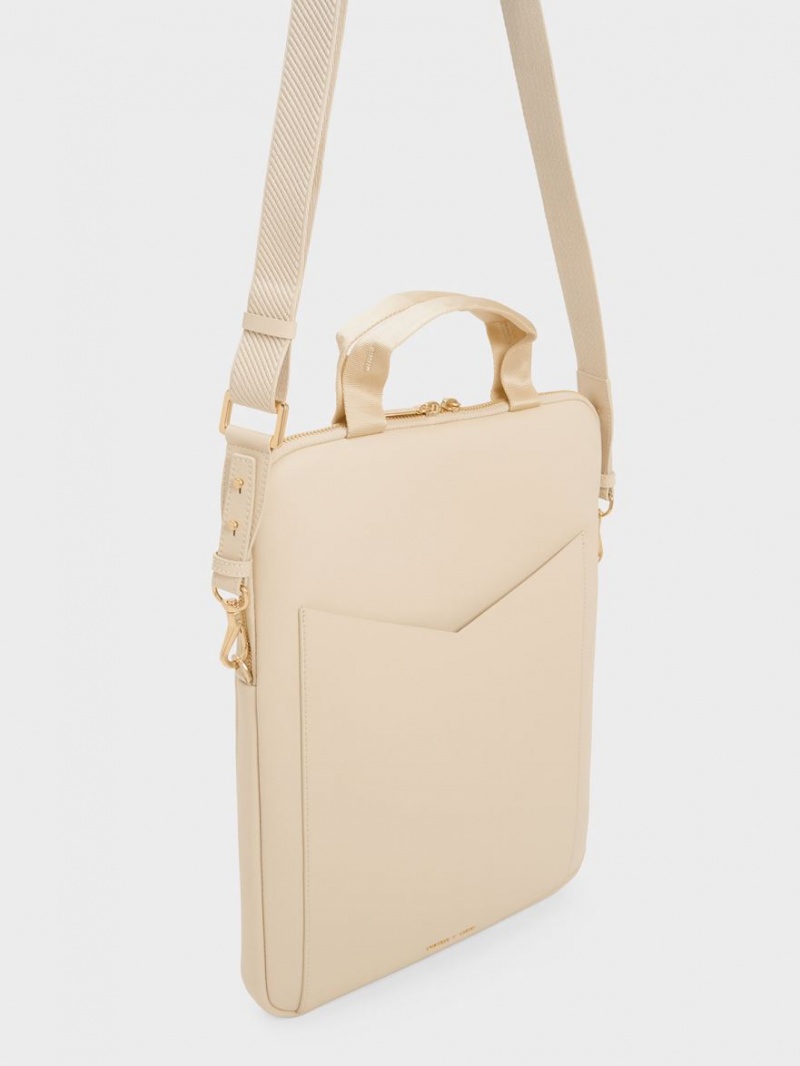 Charles And Keith Gaia Laptop Shoulder Bags Beige | PHILIPPINES E704