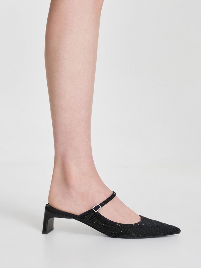 Charles And Keith Gem-Embellished Blade Heel Mules Black | PHILIPPINES I931