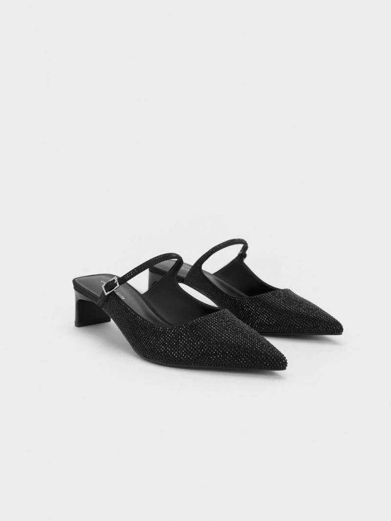 Charles And Keith Gem-Embellished Blade Heel Mules Black | PHILIPPINES I931