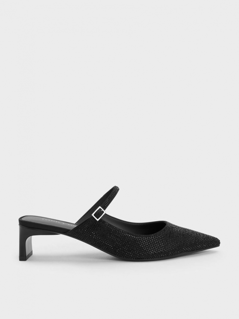 Charles And Keith Gem-Embellished Blade Heel Mules Black | PHILIPPINES I931