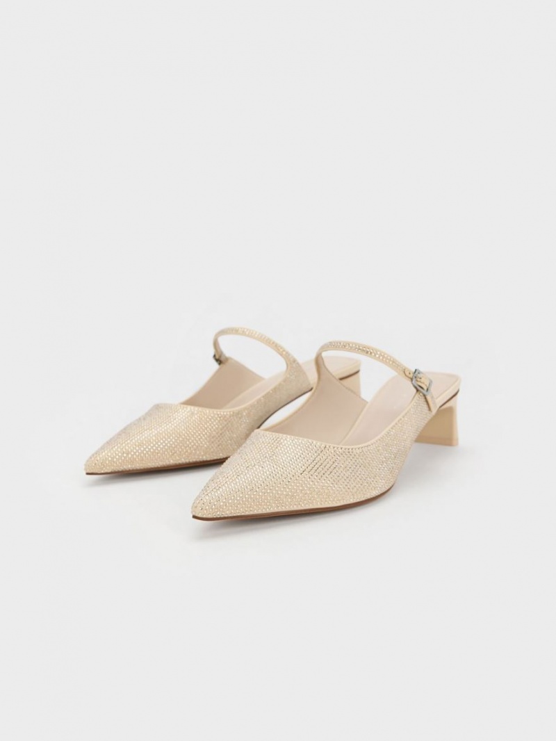 Charles And Keith Gem-Embellished Blade Heel Mules Beige | PHILIPPINES W769