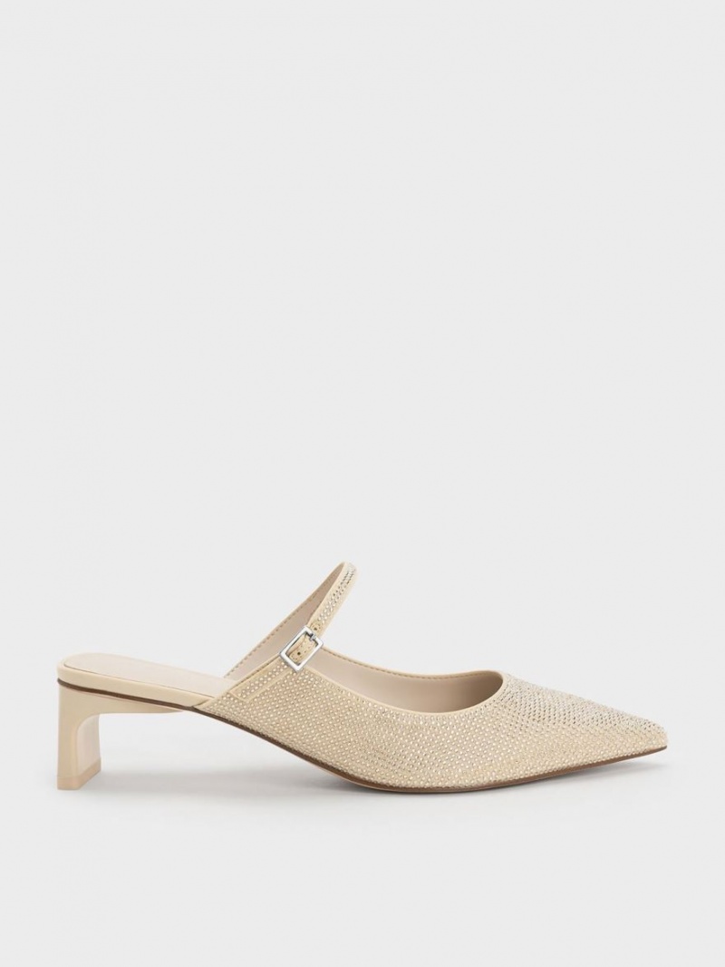 Charles And Keith Gem-Embellished Blade Heel Mules Beige | PHILIPPINES W769