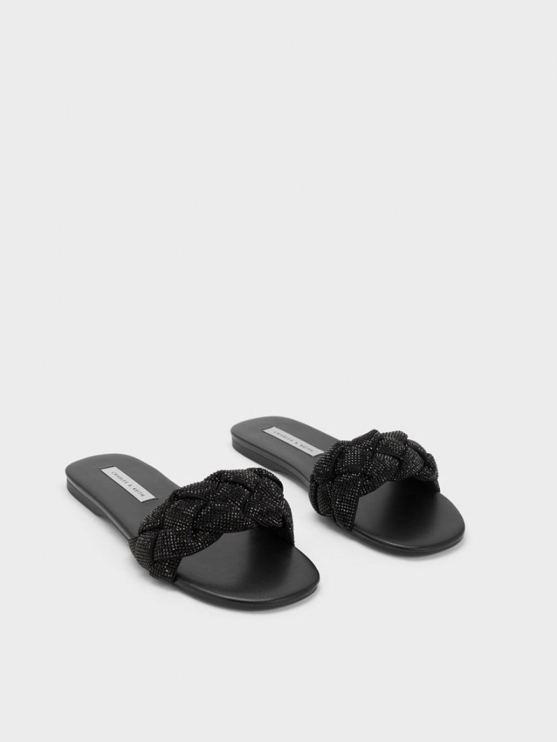 Charles And Keith Gem-Embellished Braided Strap Slides Black | PHILIPPINES G368