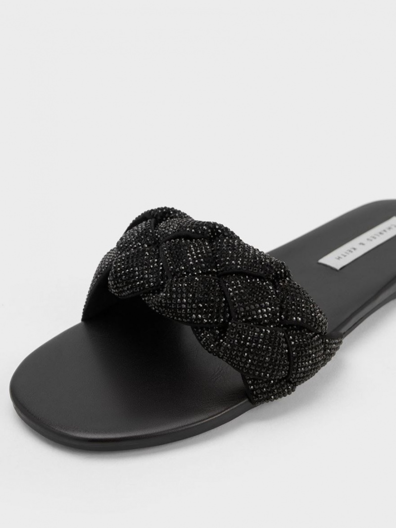 Charles And Keith Gem-Embellished Braided Strap Slides Black | PHILIPPINES G368