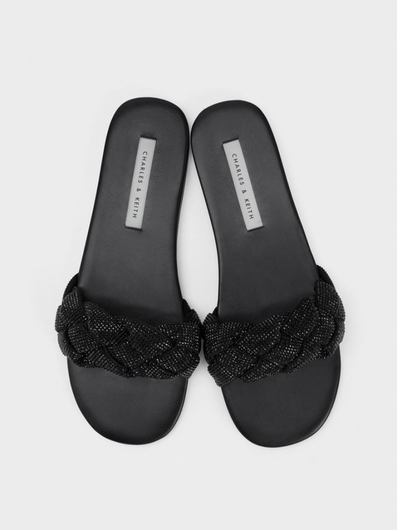 Charles And Keith Gem-Embellished Braided Strap Slides Black | PHILIPPINES G368