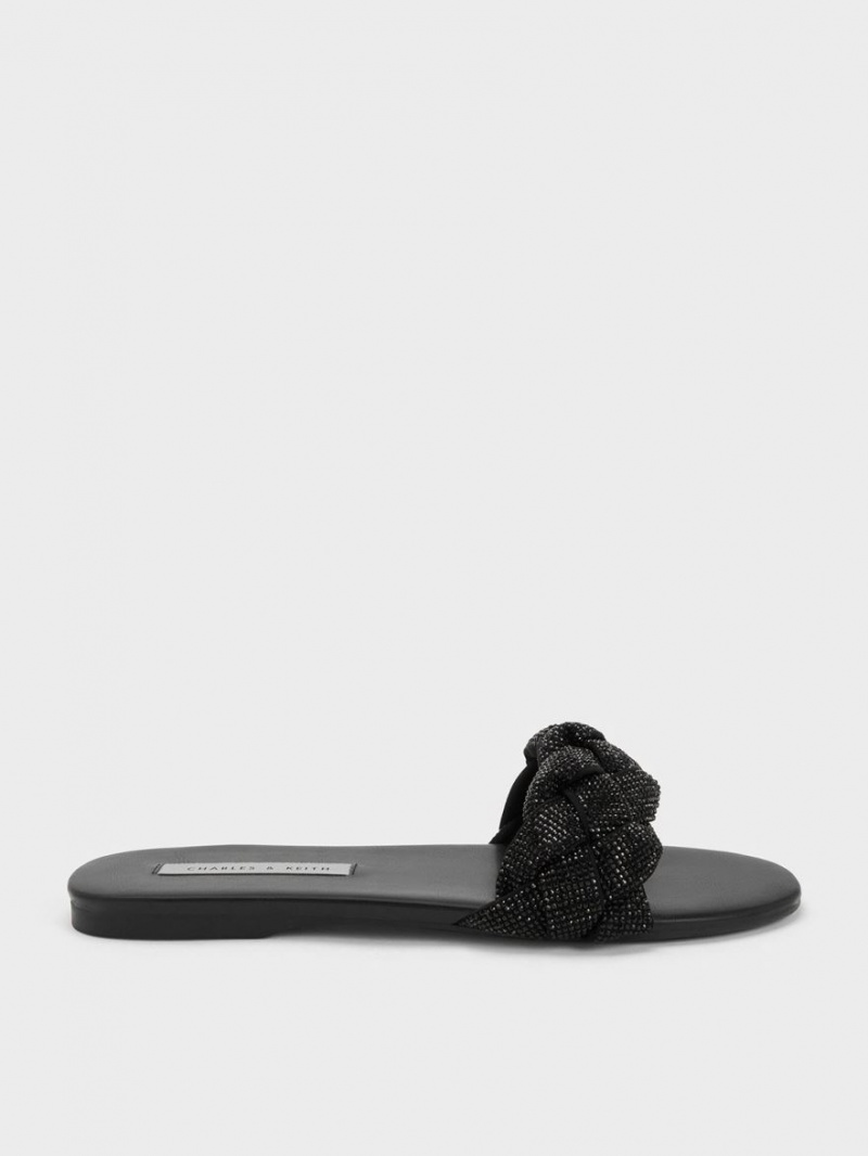 Charles And Keith Gem-Embellished Braided Strap Slides Black | PHILIPPINES G368