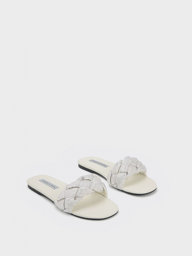 Charles And Keith Gem-Embellished Braided Strap Slides Cream | PHILIPPINES N073