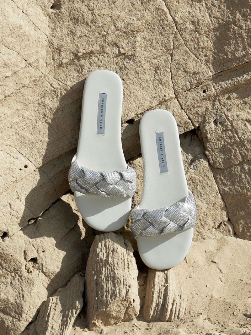 Charles And Keith Gem-Embellished Braided Strap Slides Cream | PHILIPPINES N073