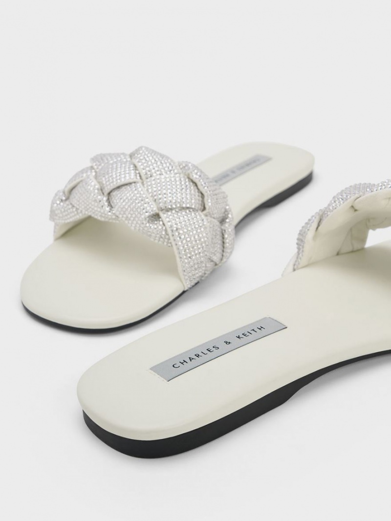 Charles And Keith Gem-Embellished Braided Strap Slides Cream | PHILIPPINES N073