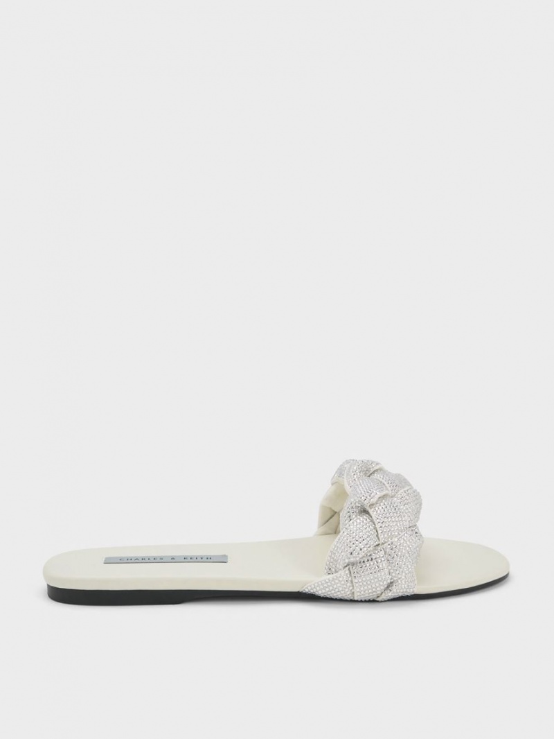 Charles And Keith Gem-Embellished Braided Strap Slides Cream | PHILIPPINES N073