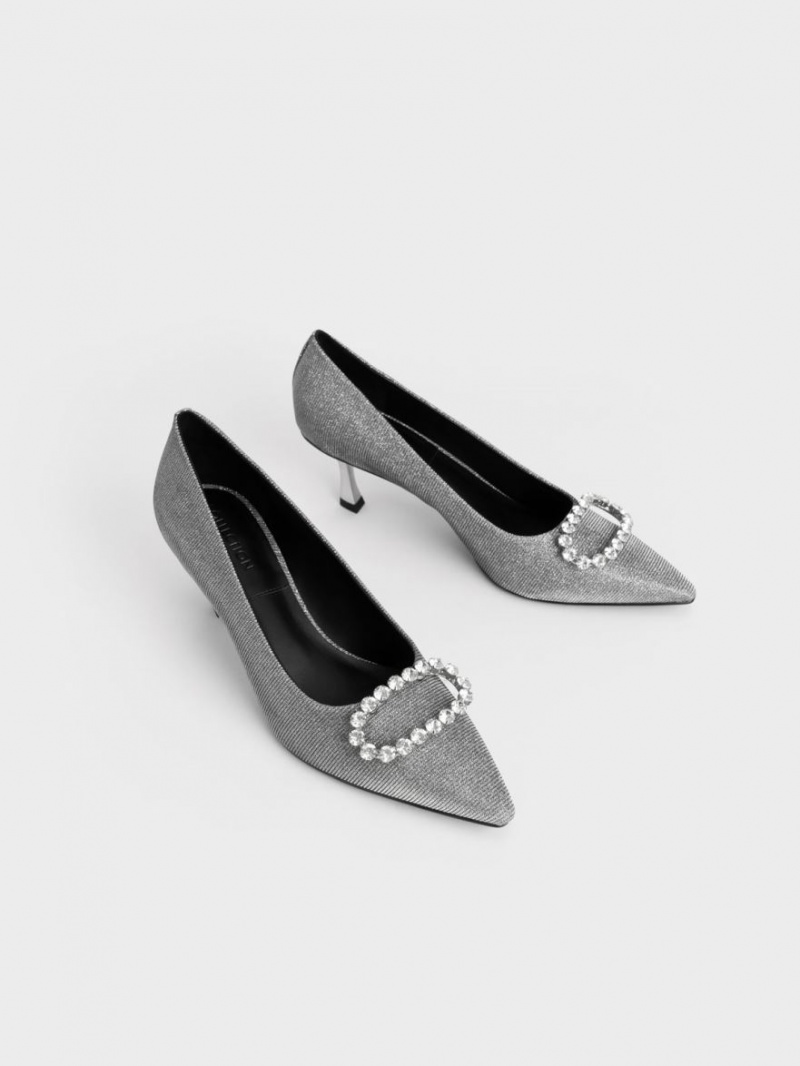 Charles And Keith Gem-Embellished Glittered Pumps Grey | PHILIPPINES N684