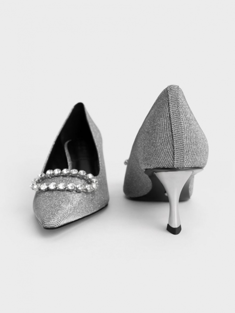 Charles And Keith Gem-Embellished Glittered Pumps Grey | PHILIPPINES N684