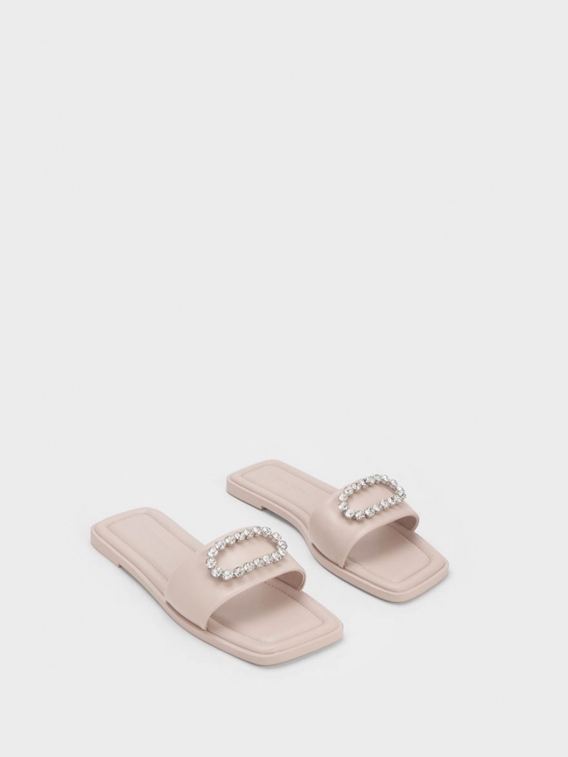 Charles And Keith Gem-Embellished Leather Slides Pink | PHILIPPINES H209