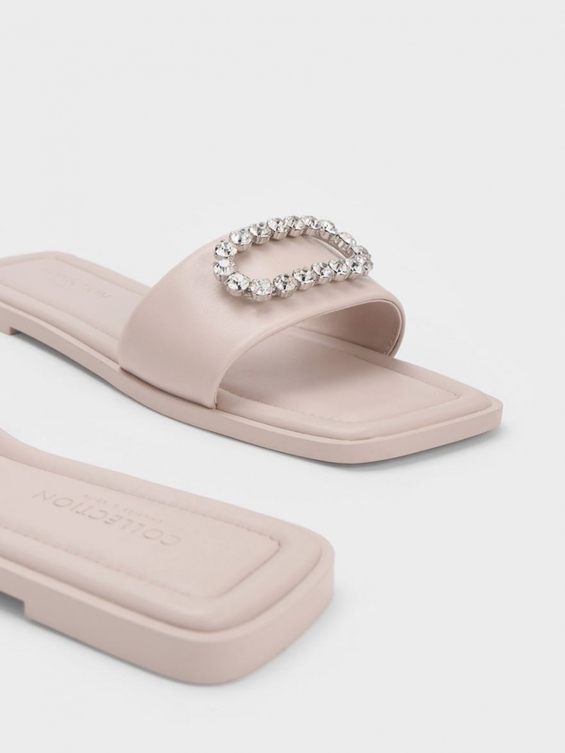 Charles And Keith Gem-Embellished Leather Slides Pink | PHILIPPINES H209