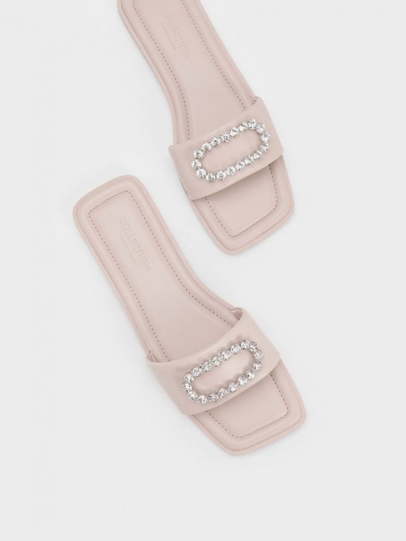 Charles And Keith Gem-Embellished Leather Slides Pink | PHILIPPINES H209