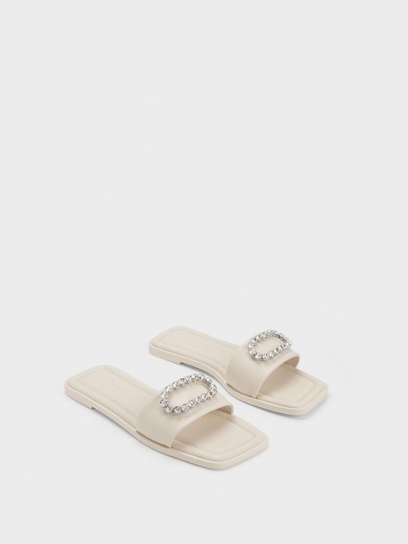 Charles And Keith Gem-Embellished Leather Slides White | PHILIPPINES Q638