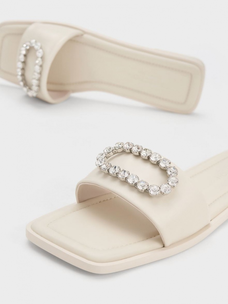 Charles And Keith Gem-Embellished Leather Slides White | PHILIPPINES Q638