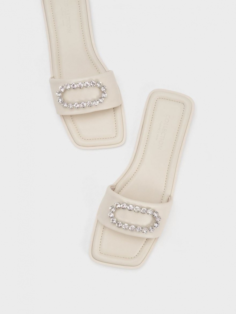 Charles And Keith Gem-Embellished Leather Slides White | PHILIPPINES Q638