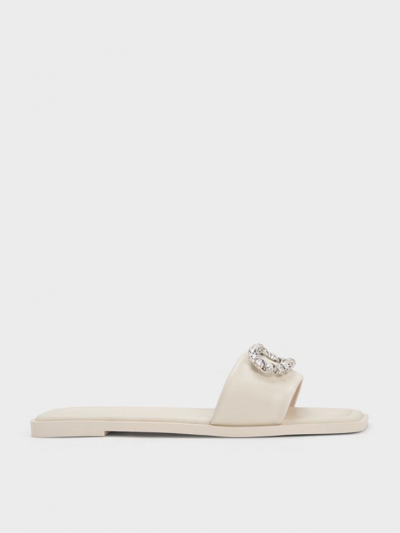 Charles And Keith Gem-Embellished Leather Slides White | PHILIPPINES Q638