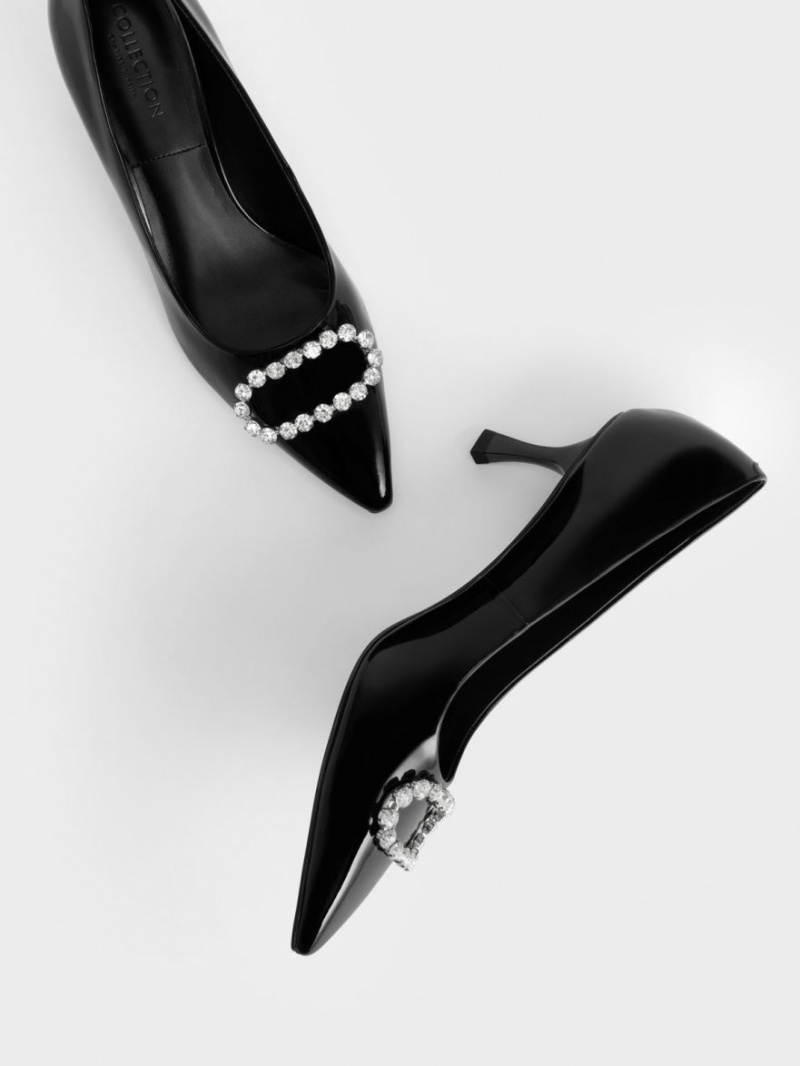 Charles And Keith Gem-Embellished Patent Leather Pumps Black | PHILIPPINES P943