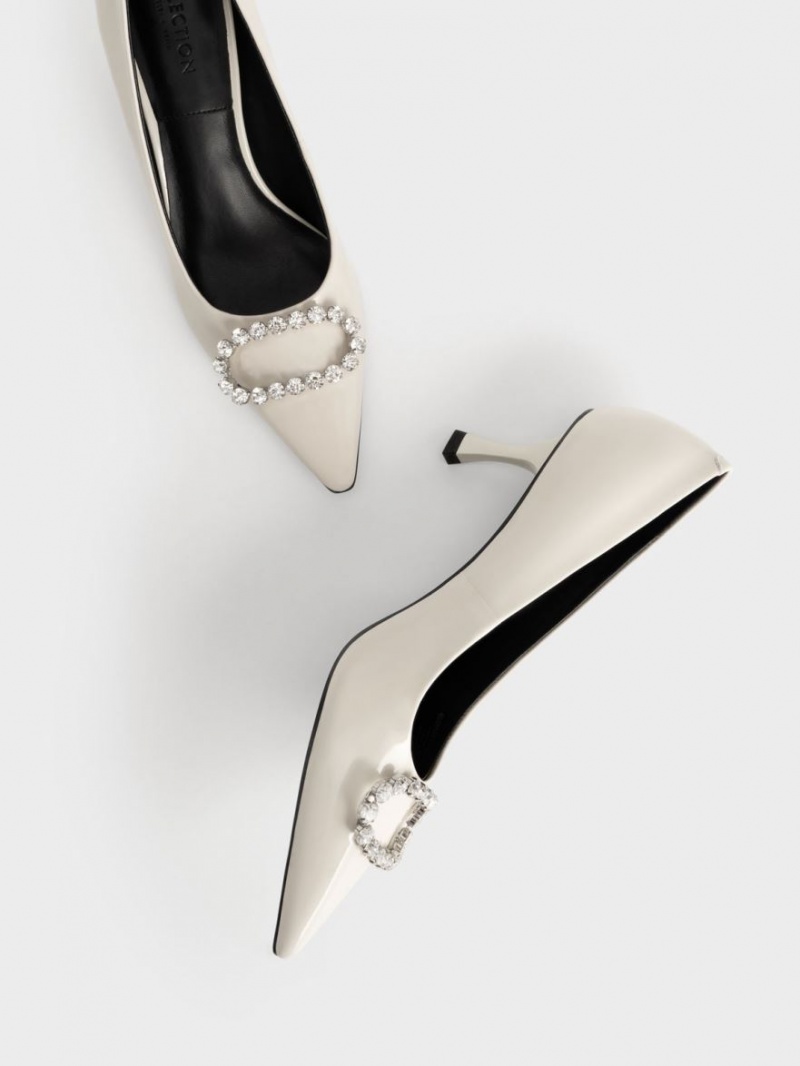 Charles And Keith Gem-Embellished Patent Leather Pumps White | PHILIPPINES V356