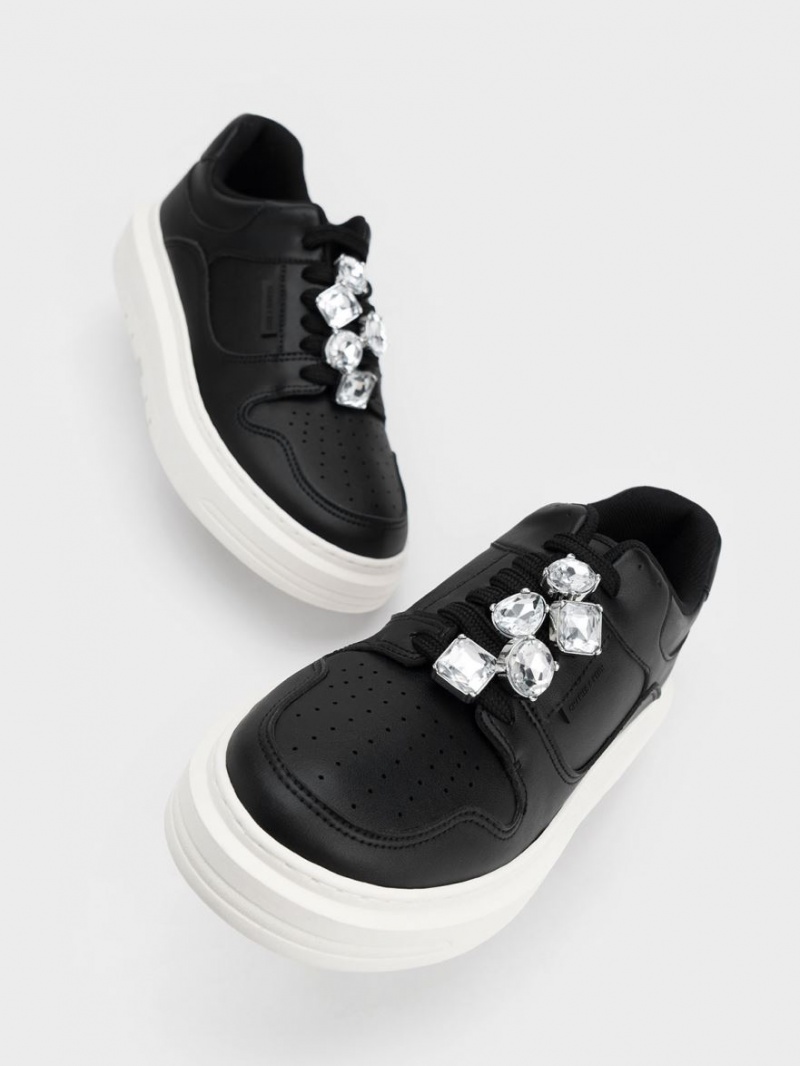 Charles And Keith Gem-Embellished Platform Sneakers Black | PHILIPPINES D408