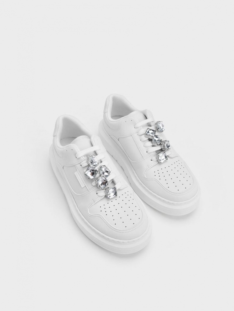 Charles And Keith Gem-Embellished Platform Sneakers White | PHILIPPINES G654