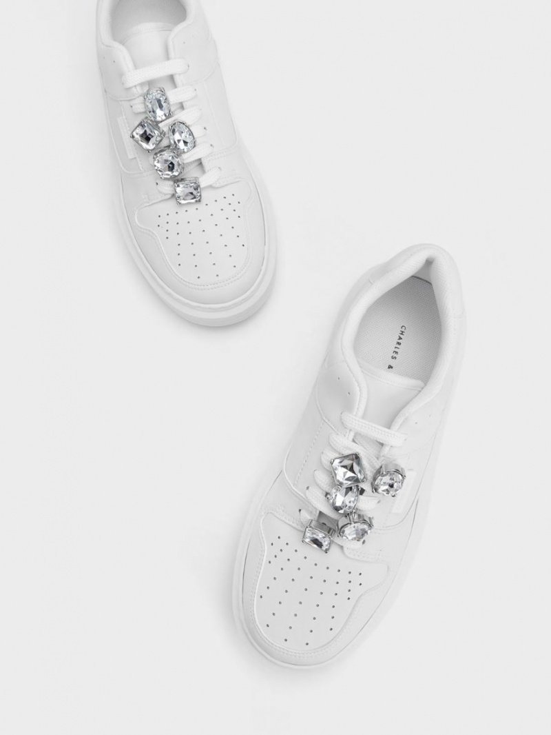 Charles And Keith Gem-Embellished Platform Sneakers White | PHILIPPINES G654