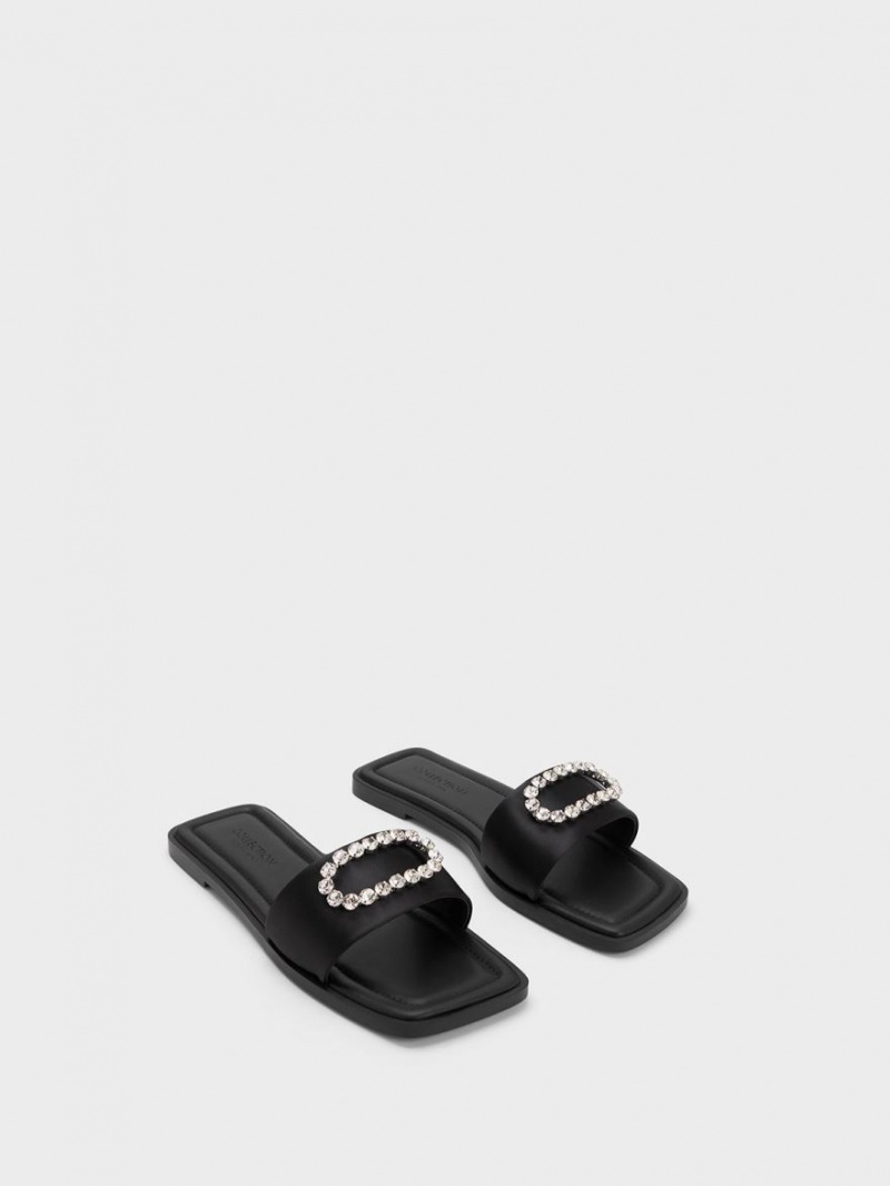 Charles And Keith Gem-Embellished Recycled Polyester Slides Black | PHILIPPINES V432