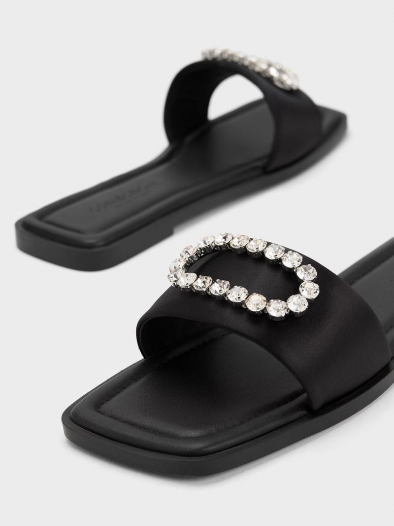 Charles And Keith Gem-Embellished Recycled Polyester Slides Black | PHILIPPINES V432